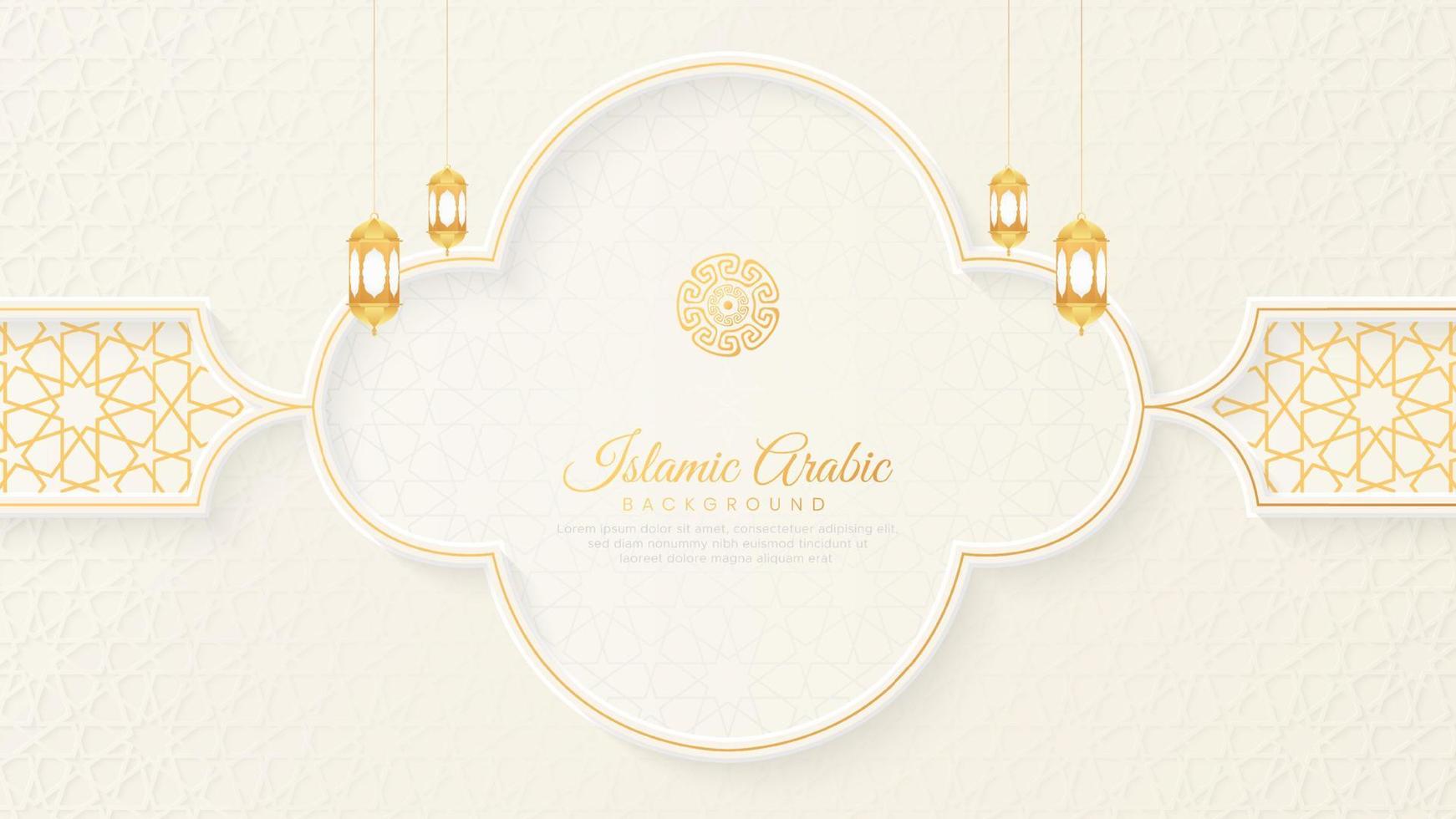Islamic Arabic White and Golden Luxury Background with Geometric pattern and Beautiful Lanterns vector