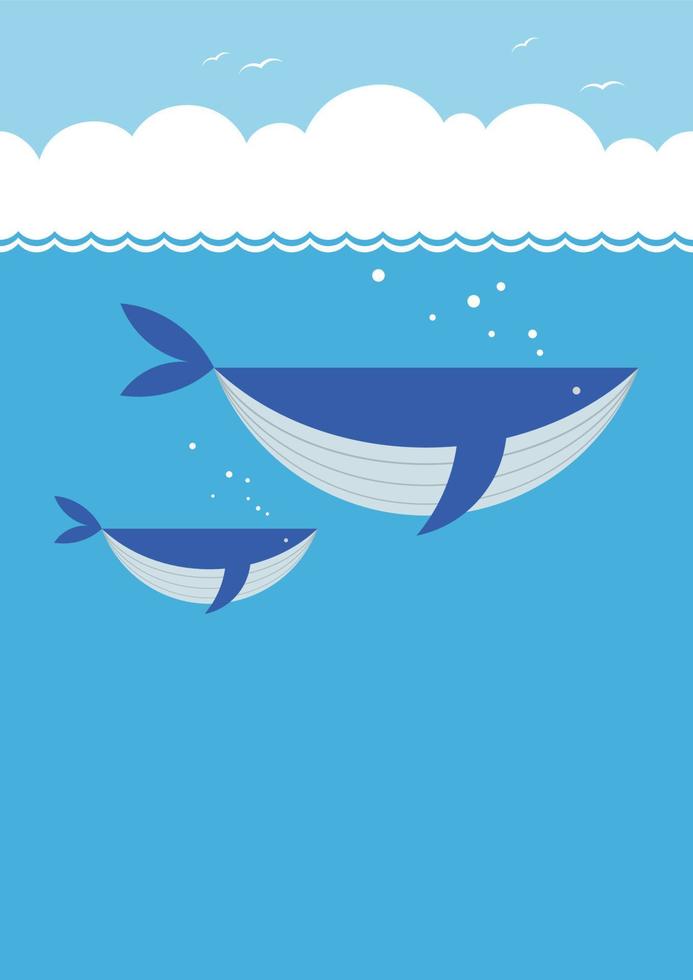 Vector Blue Whale Family In The Sea Seamless Flat Illustration With Blue Background And Text Space. Horizontally Repeatable.