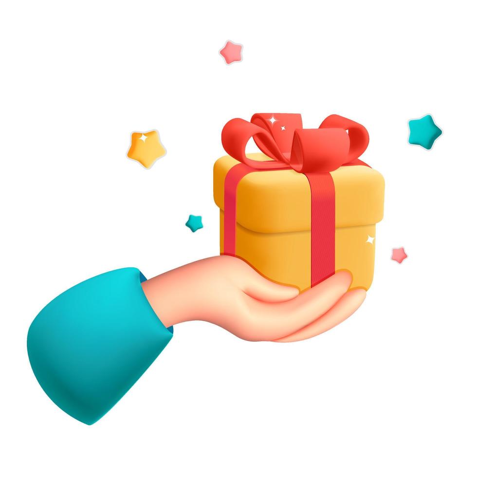 3d vector human hand holds and give present gift box with red ribbon bow design illustration