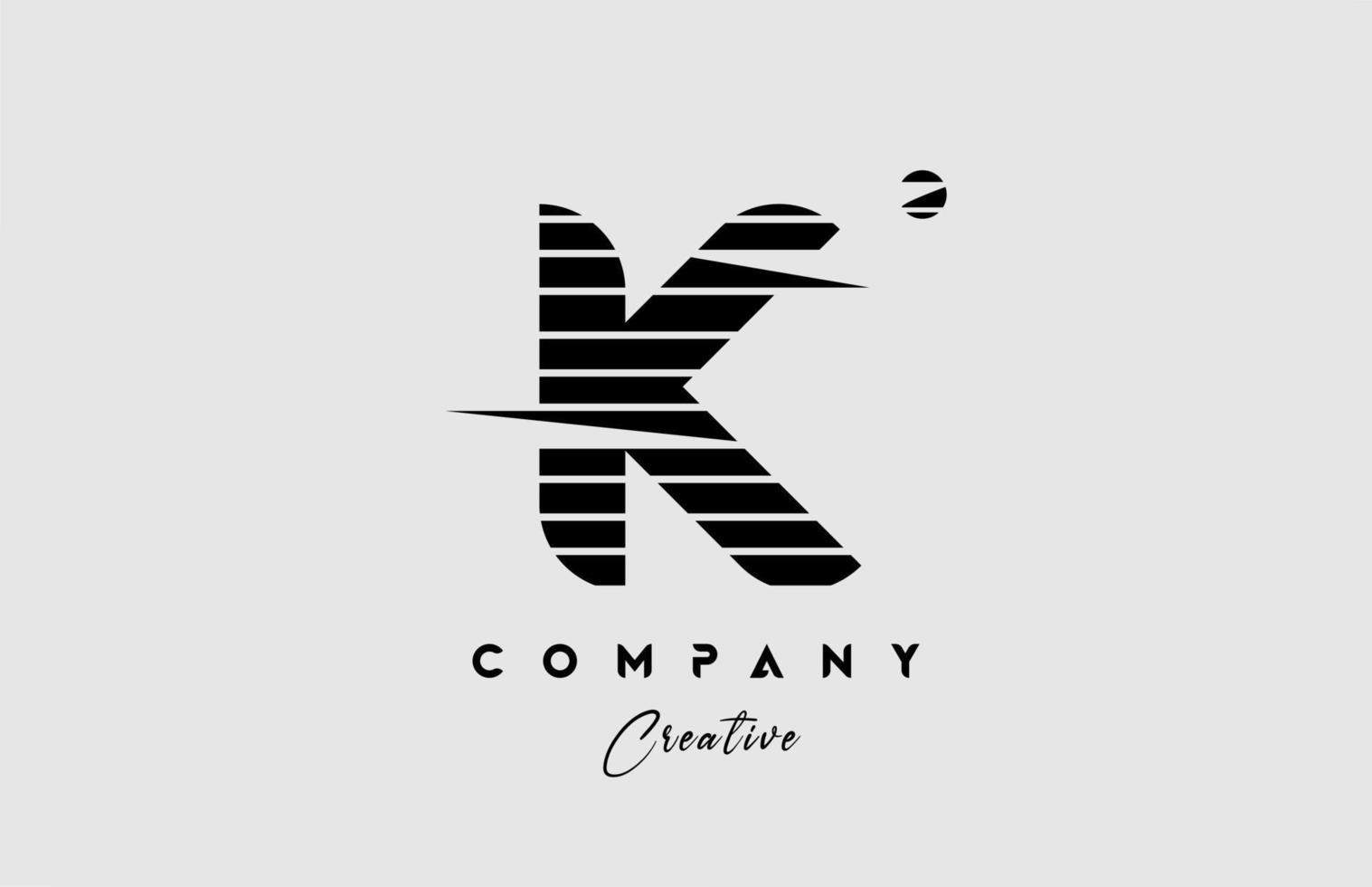 lines K alphabet letter logo icon design in black and white. Creative template for company and business with stripes vector