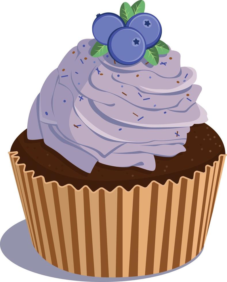 Cupcake with ripe blueberry. Flat blueberry muffin design over white Vector illustration.