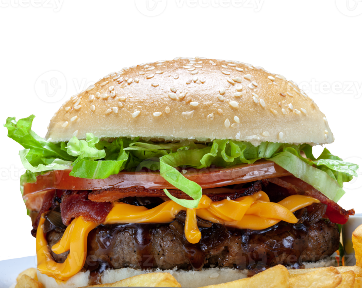 hamburguesa con A la parrilla carne, tomate, cebolla, lechuga, tocino y francés papas fritas png