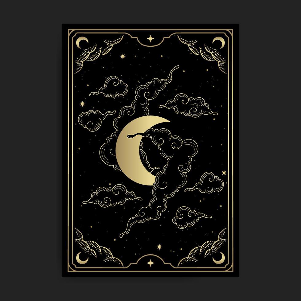 Luxury Crescent Moon and Clouds Illustration in Hand-Drawn Line Art Style vector