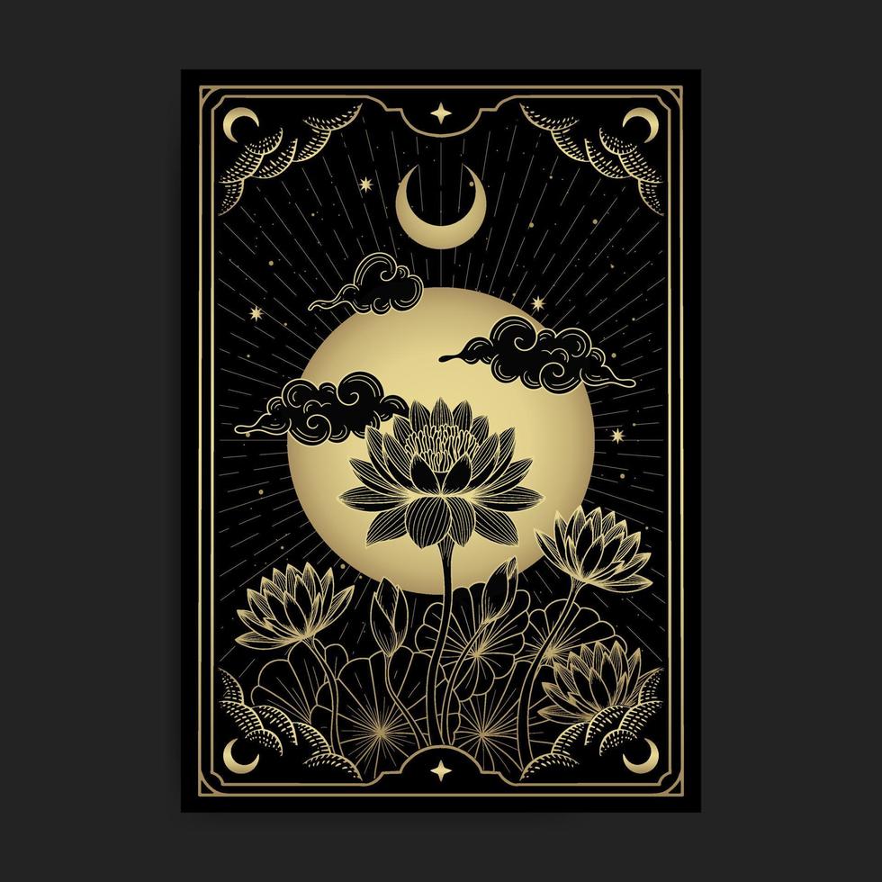 Luxury Gold Line Art Design of Lotus Flowers with Illuminated Full Moon Background vector
