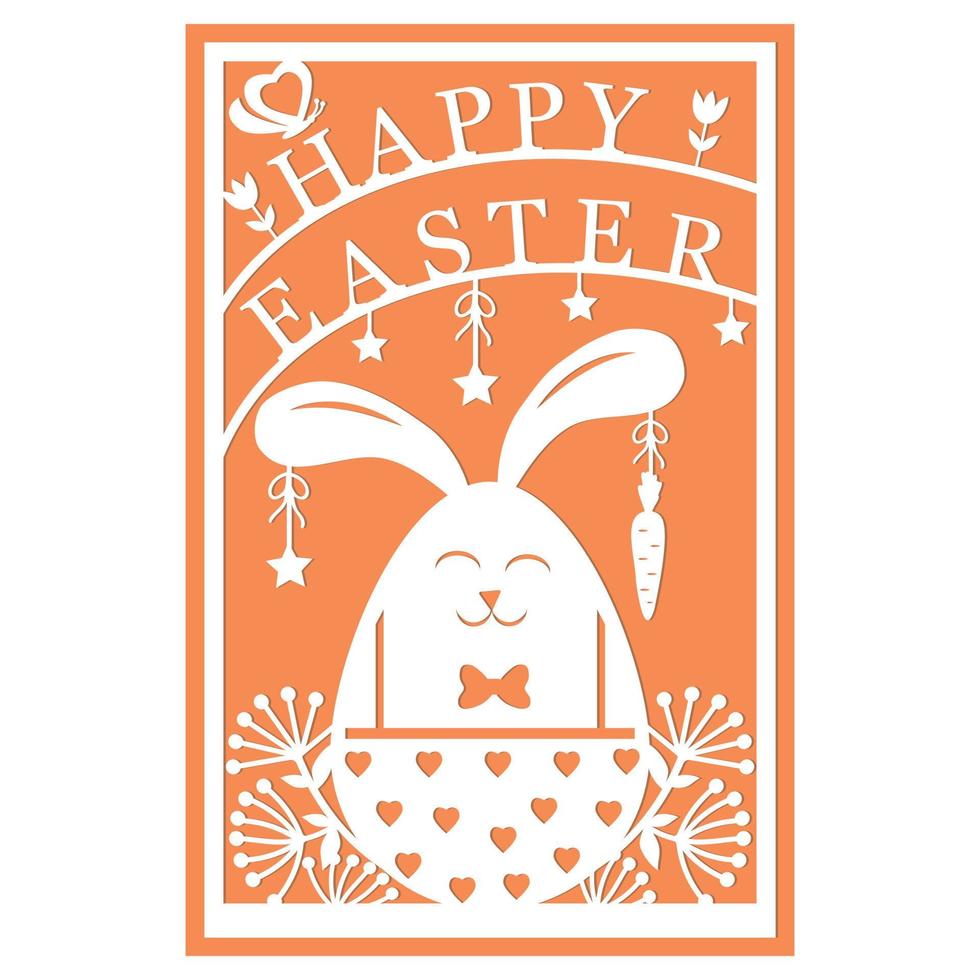 Greeting card template with Easter bunny, papercut style paper cutting, vector illustration