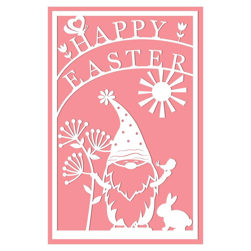 Vector illustration of a happy Easter bunny gnome. Easter postcard in the style of papercut paper cutting