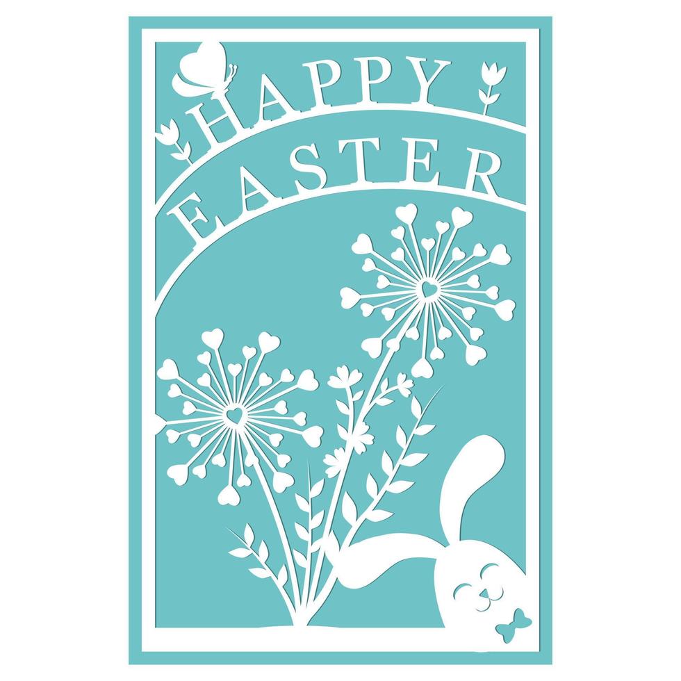 Greeting card template with Easter bunny, papercut style paper cutting, vector illustration