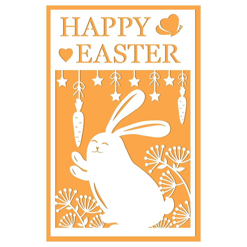 Greeting card template with Easter bunny, papercut style paper cutting, vector illustration