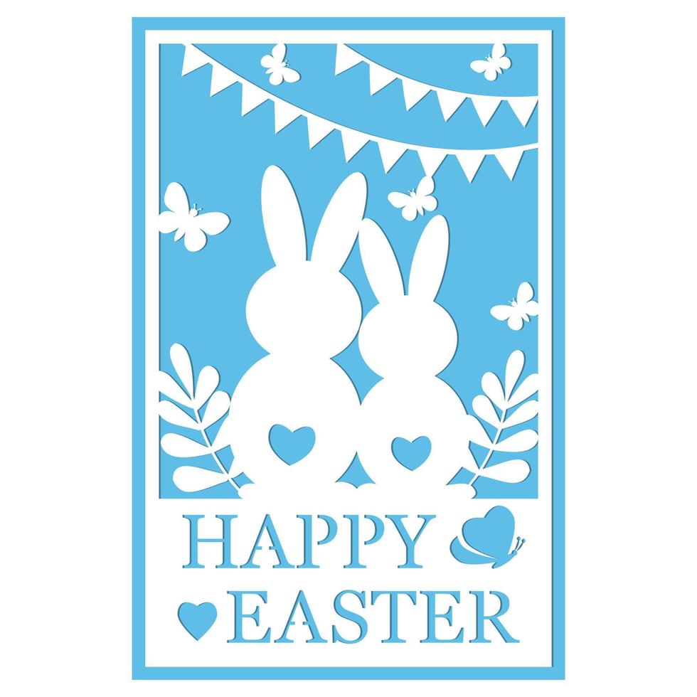 Greeting card template with Easter bunny, papercut style paper cutting, vector illustration