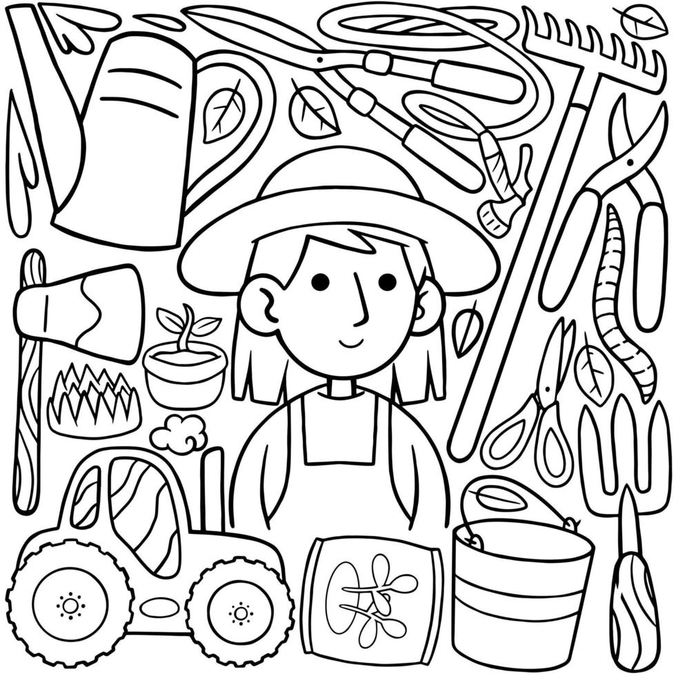 un línea Arte dibujo de un granjero con varios artículos incluso un agricultura equipo. vector