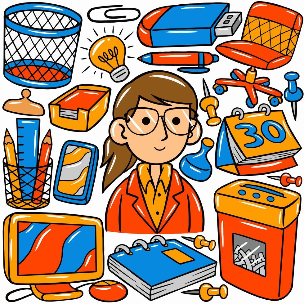 A cartoon of a business owner with a set of office items. vector