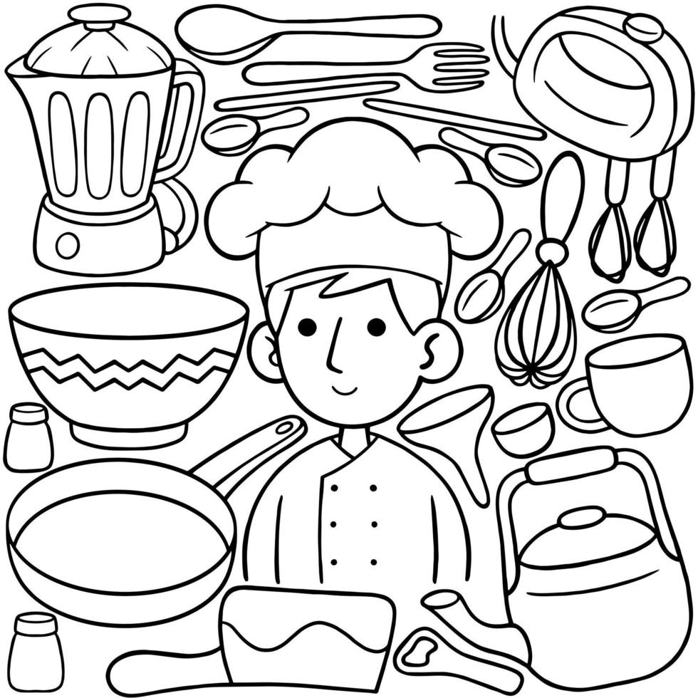 a line art drawing of a chef with various items including a kitchen equipment. vector