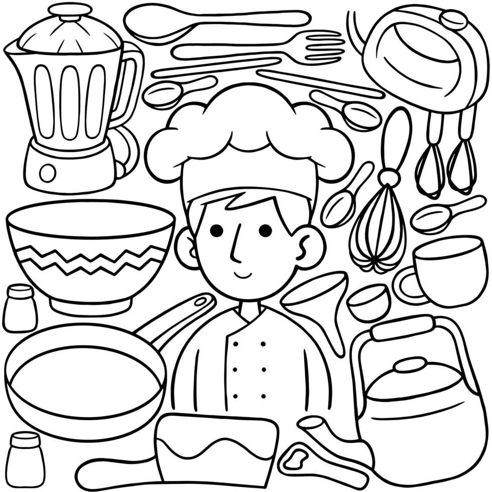 a line art drawing of a chef with various items including a kitchen  equipment. 21217082 Vector Art at Vecteezy