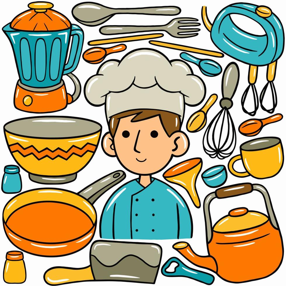 A cartoon of a chef with a set of kitchen items. vector