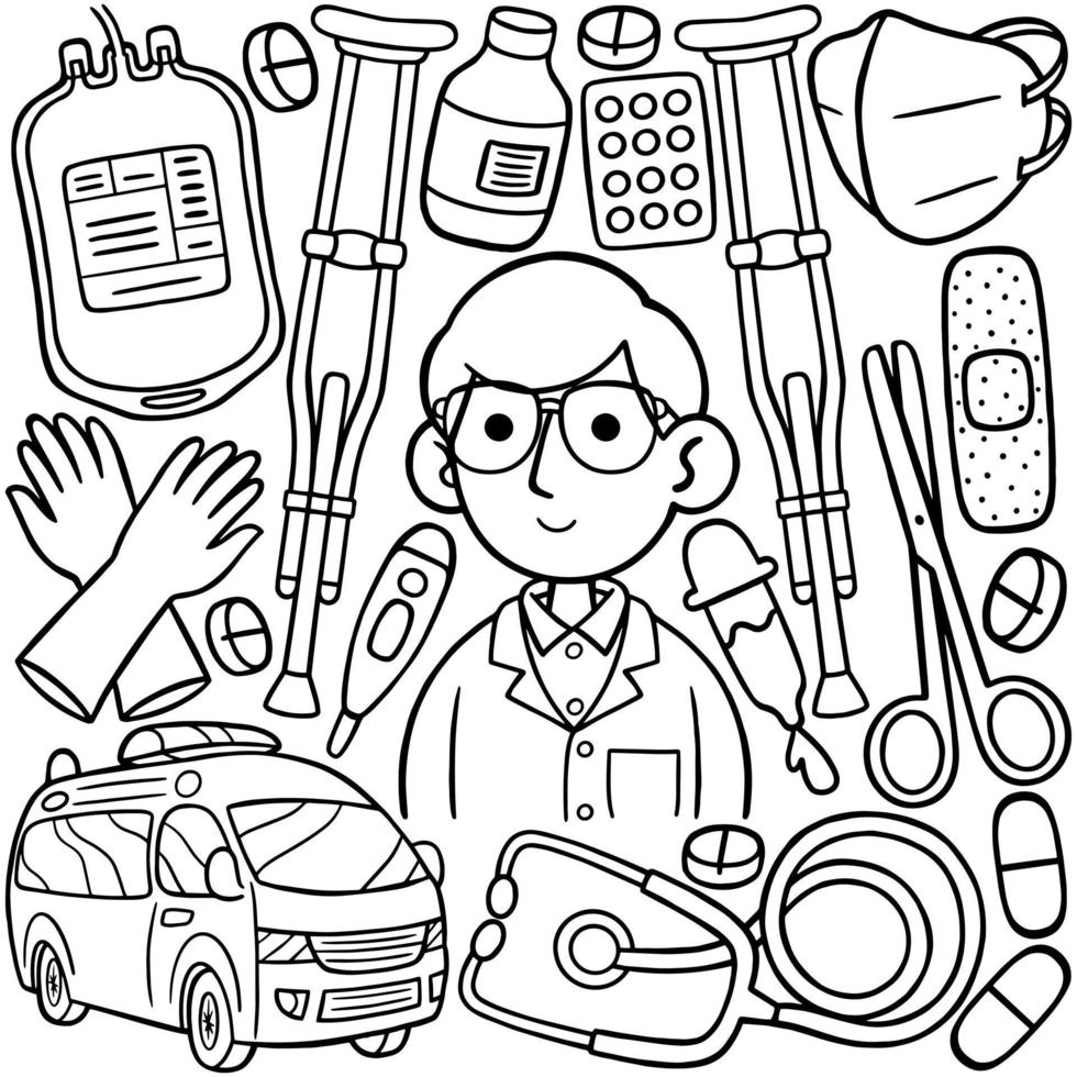 a line art drawing of a doctor with various items including a medical equipment. vector