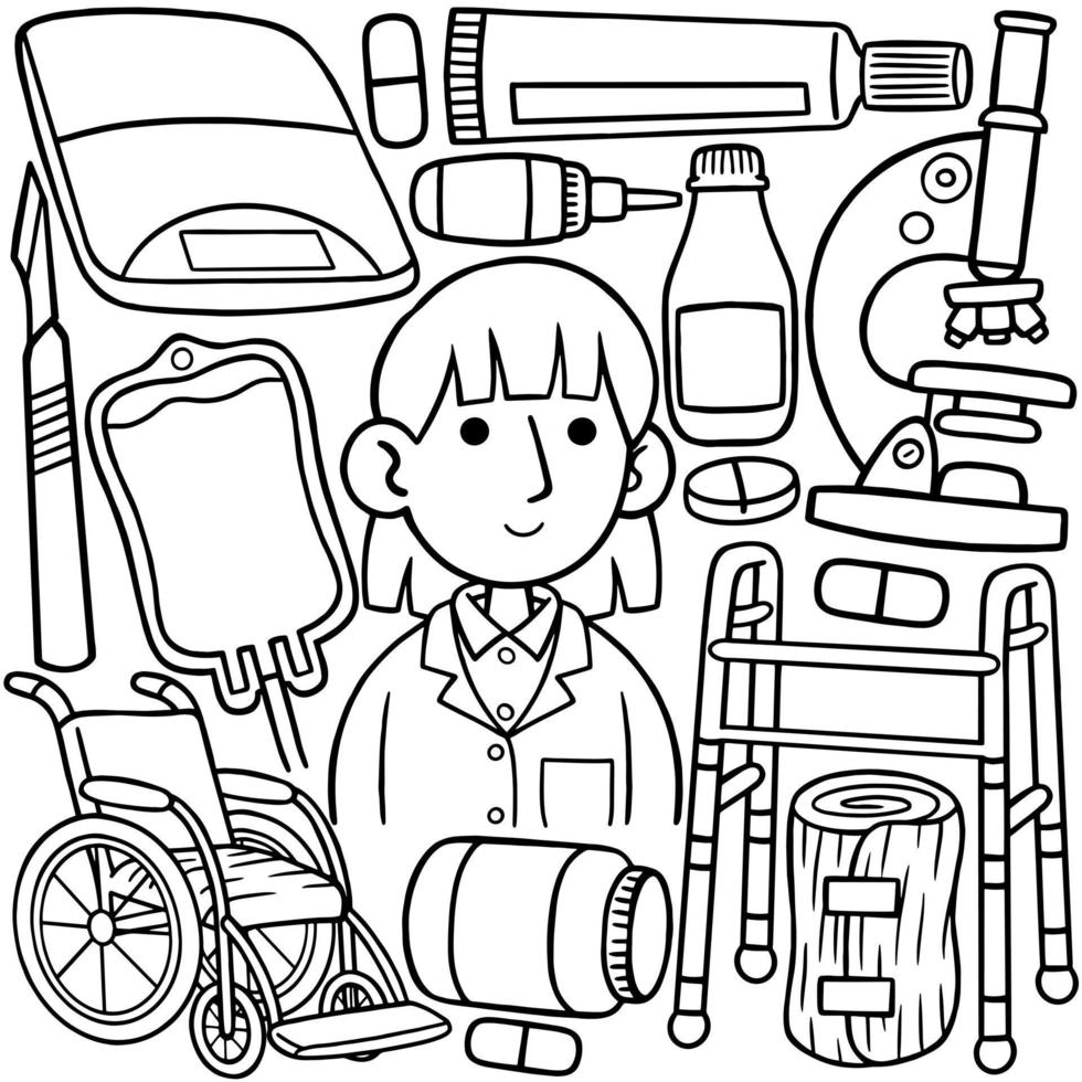 a line art drawing of a doctor with various items including a medical equipment. vector