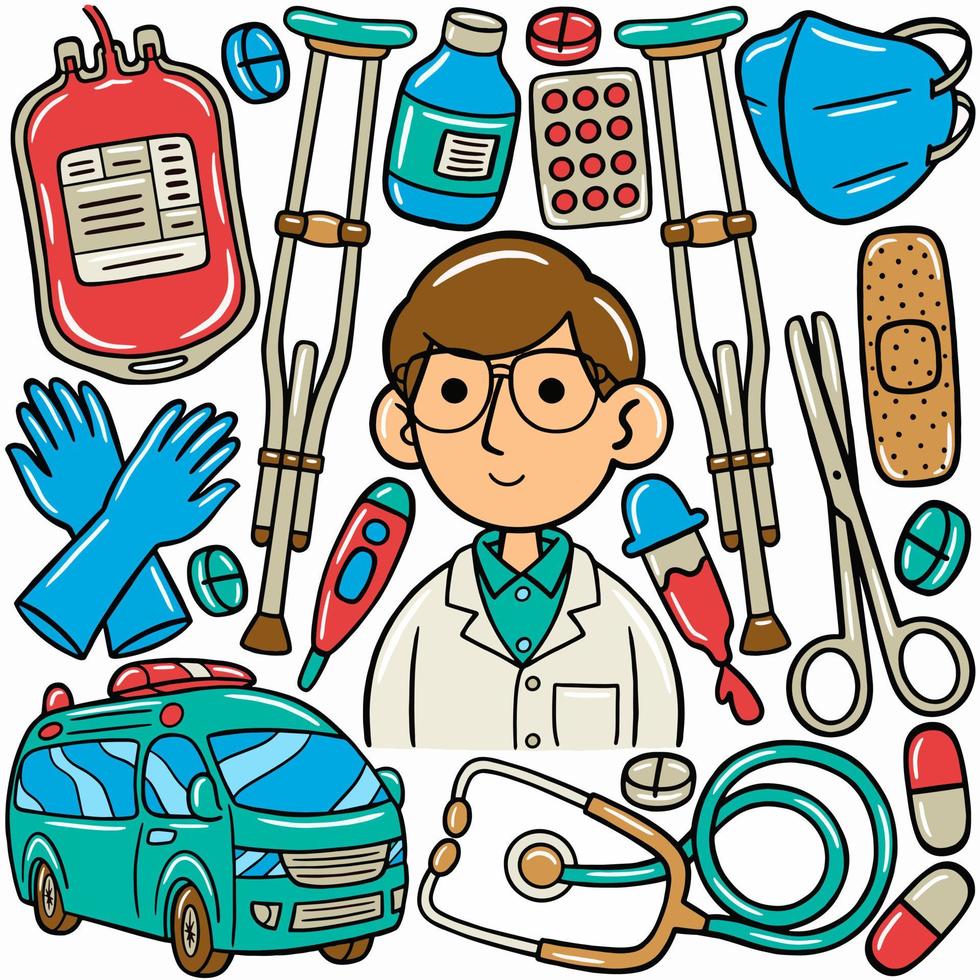 A cartoon of a man doctor with a set of medical items. vector