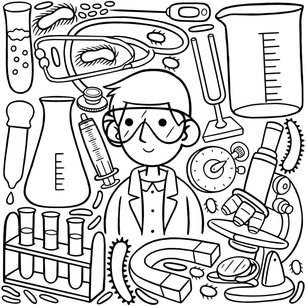 a line art drawing of a scientist with various items including a science equipment. vector