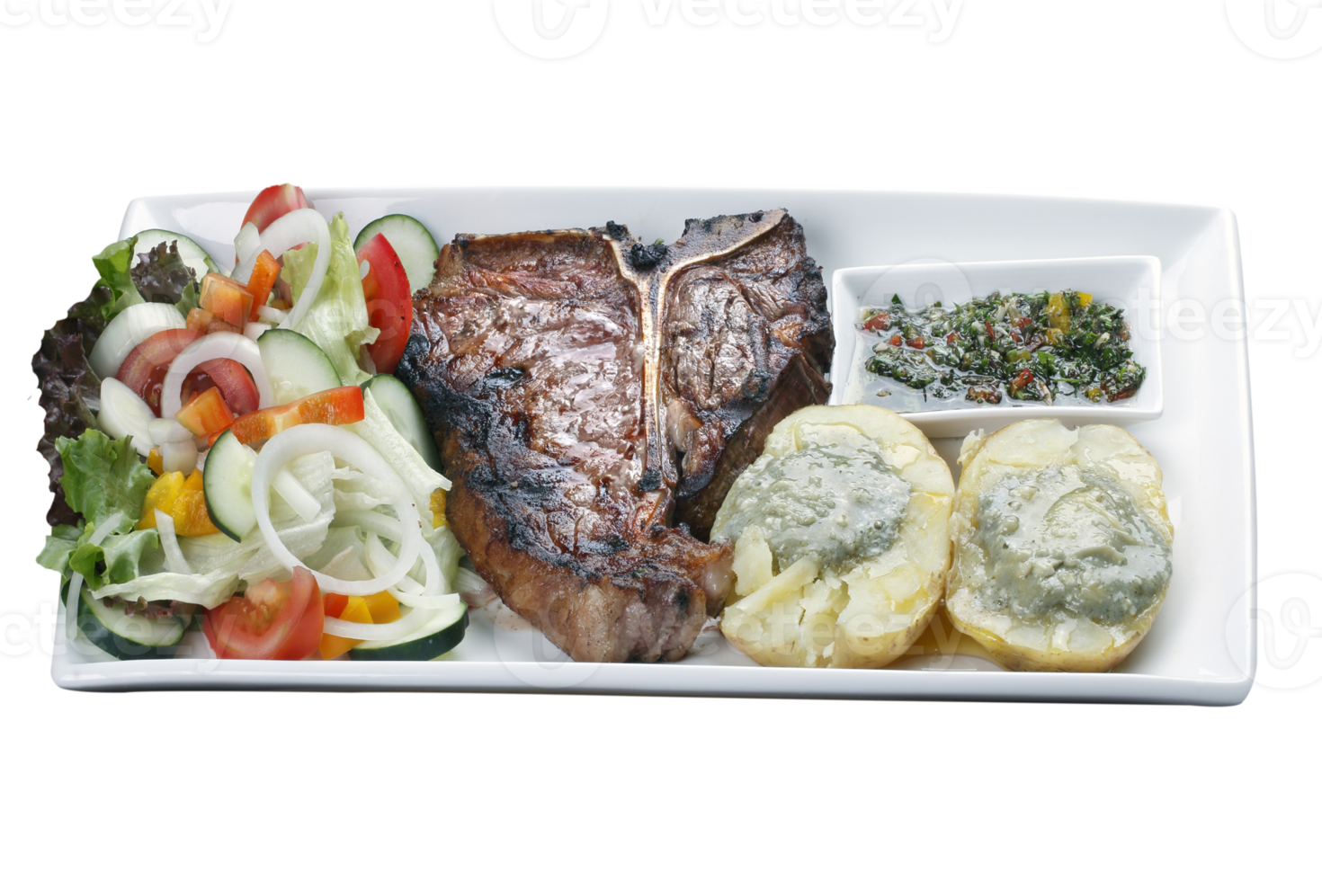 t bone steak with potato salad and vegetables png