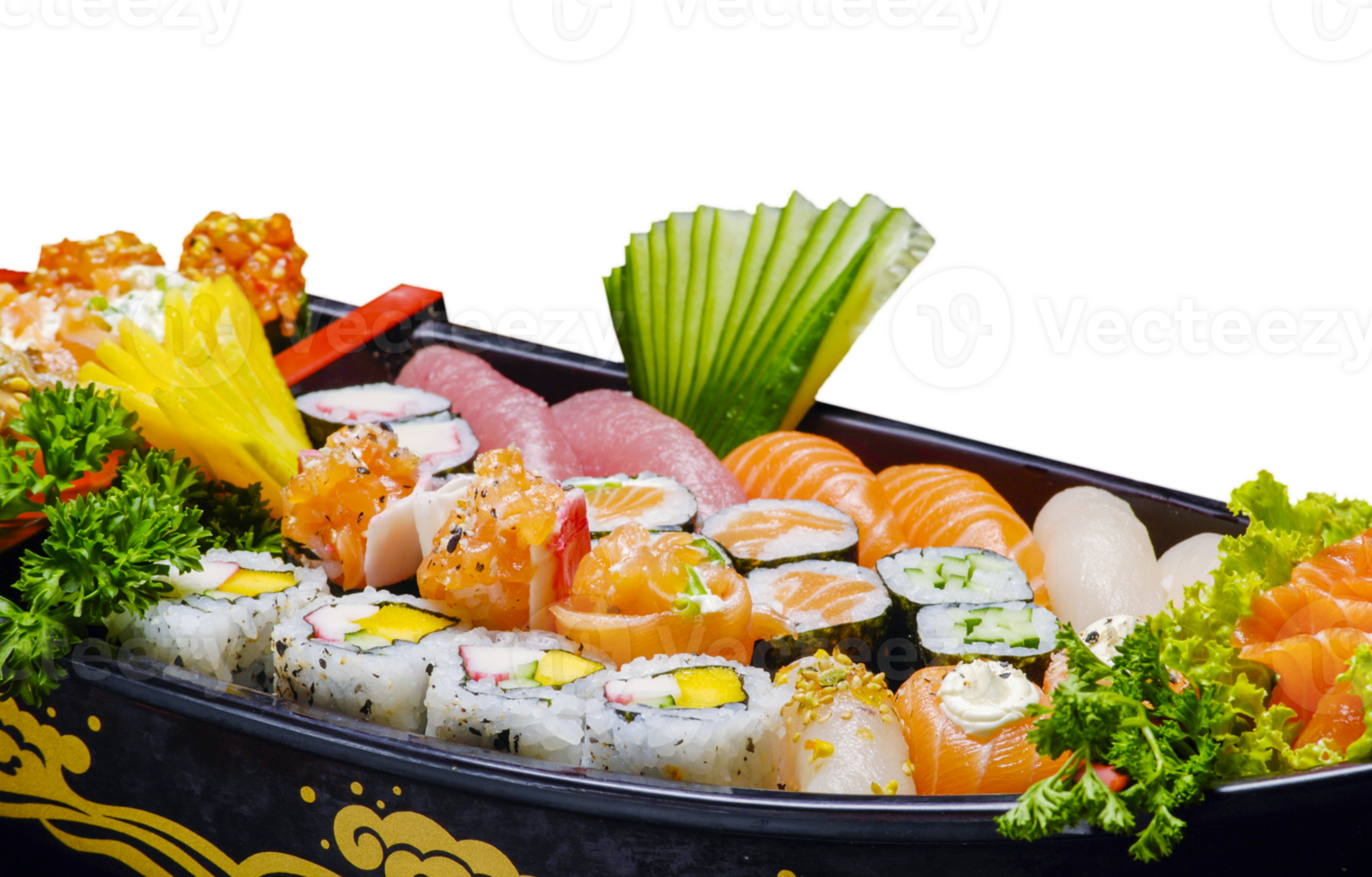 Sushi sashimi set in a wooden boat on a brown png