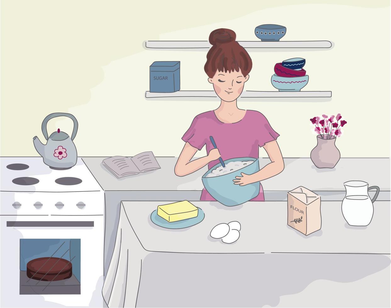 mujer en el cocina apoyo pastel vector