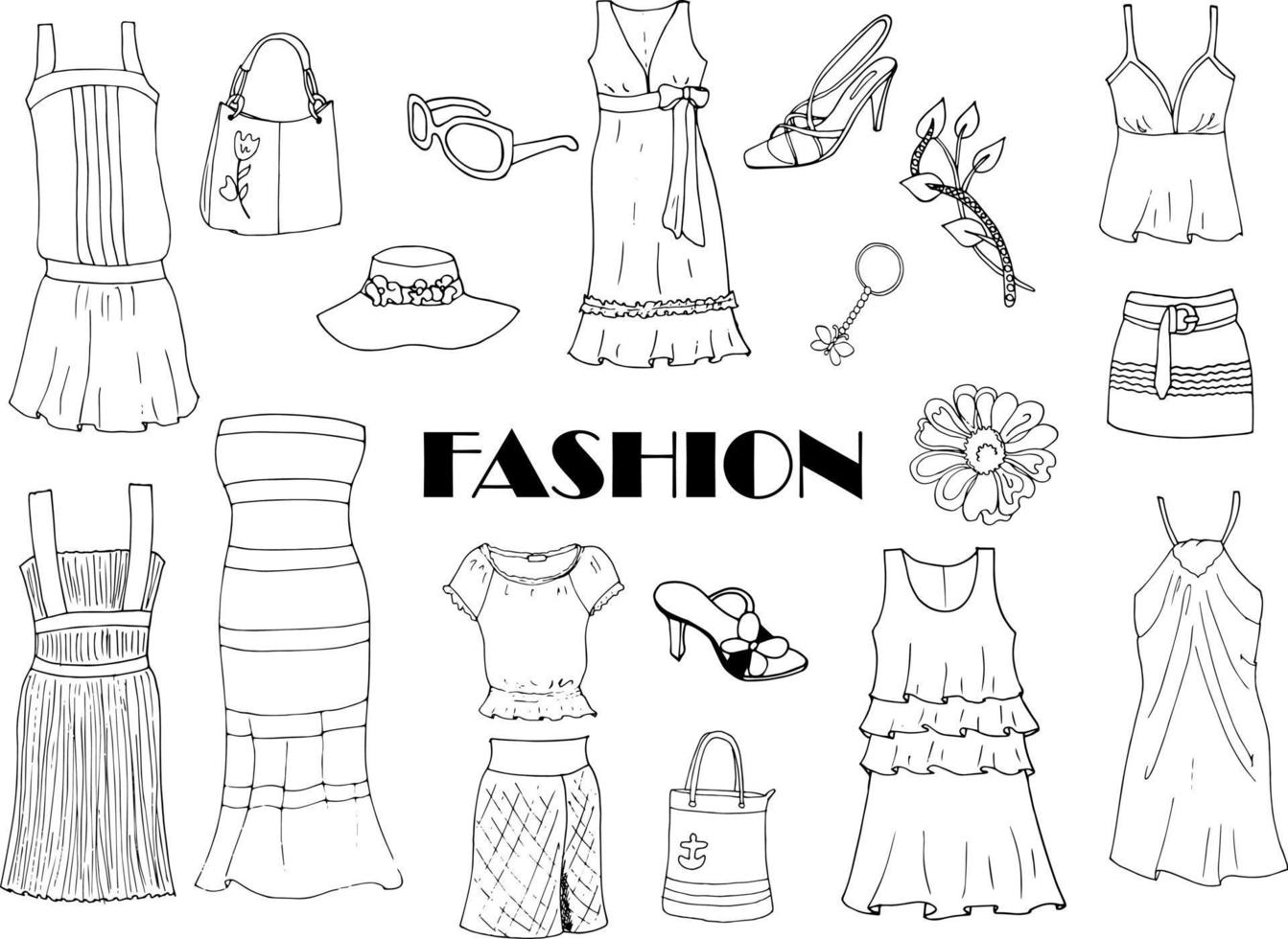 Hand drawn summer women clothes on doodle style vector