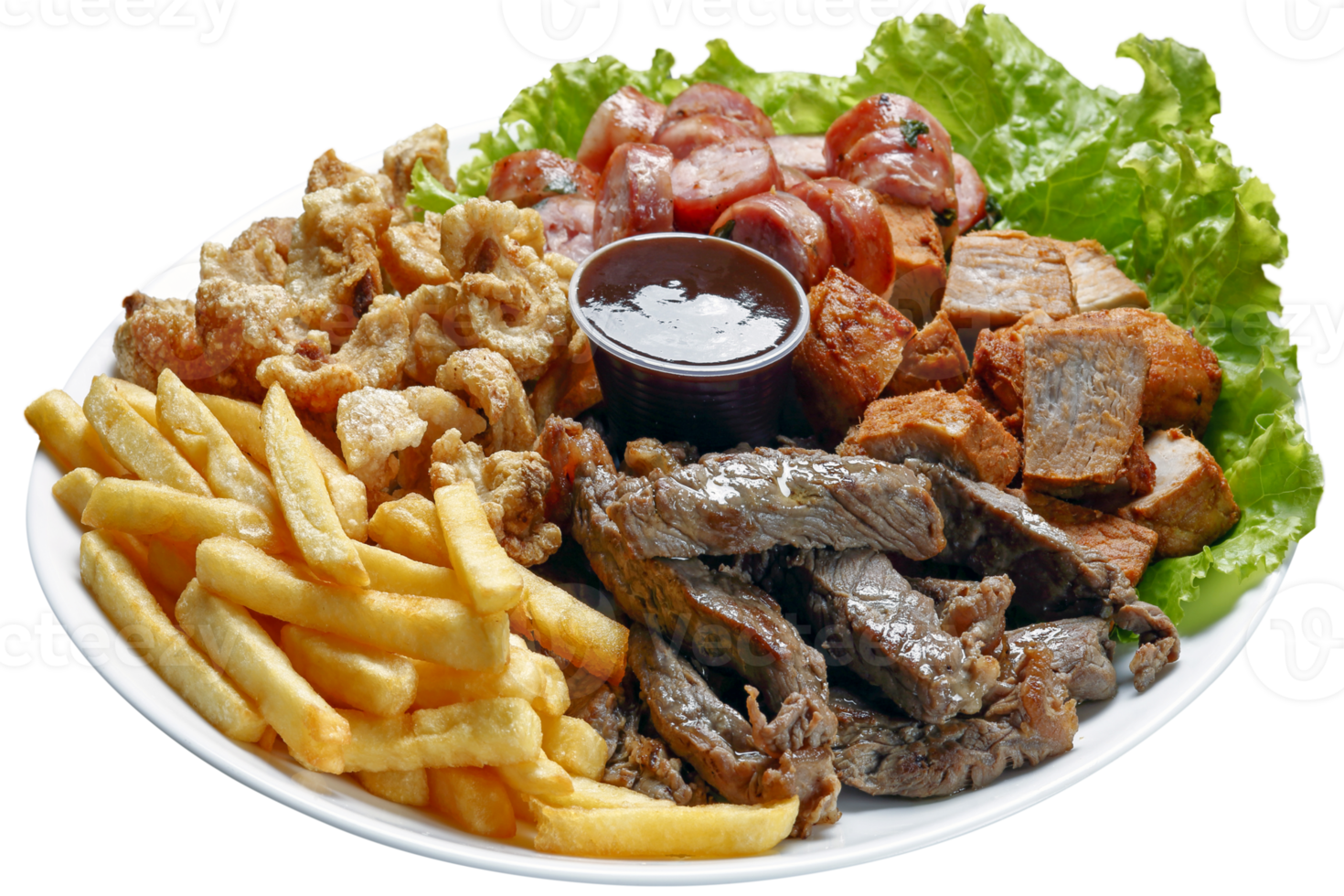 Snacks with fries, crackers, meat, pork, sausage and babercue sauce png