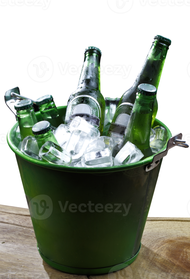 cold bottles of beer in bucket with ice in a restaurant setting png