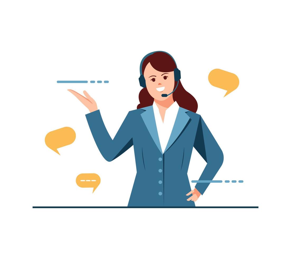 Woman with headphones and microphone. Customer service, call center, hotline flat vector illustration