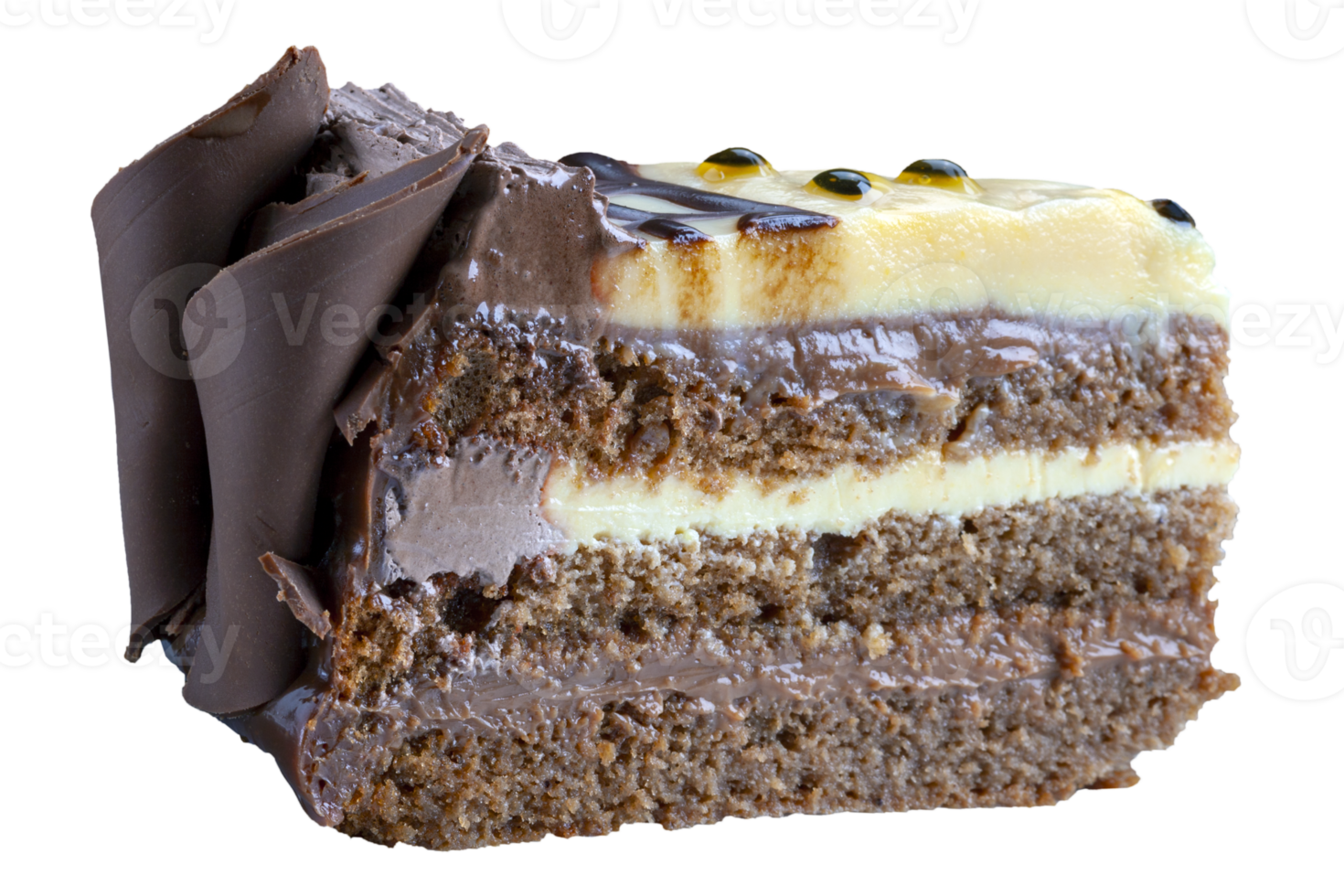 Slice of chocolate cake, with passion fruit syrup png