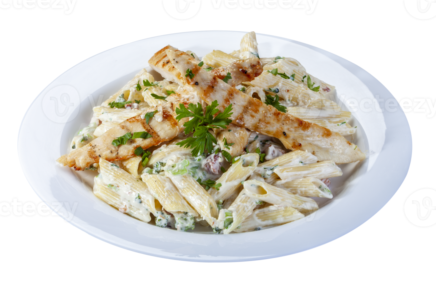 Pasta with roasted chicken steak meat png