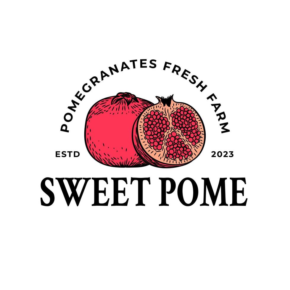 Pomegranate Purveyors Abstract Vector Sign, Symbol or Logo Template. Hand Drawn Sketch Fruit with Retro Typography. Vintage Luxury Emblem. Isolated.