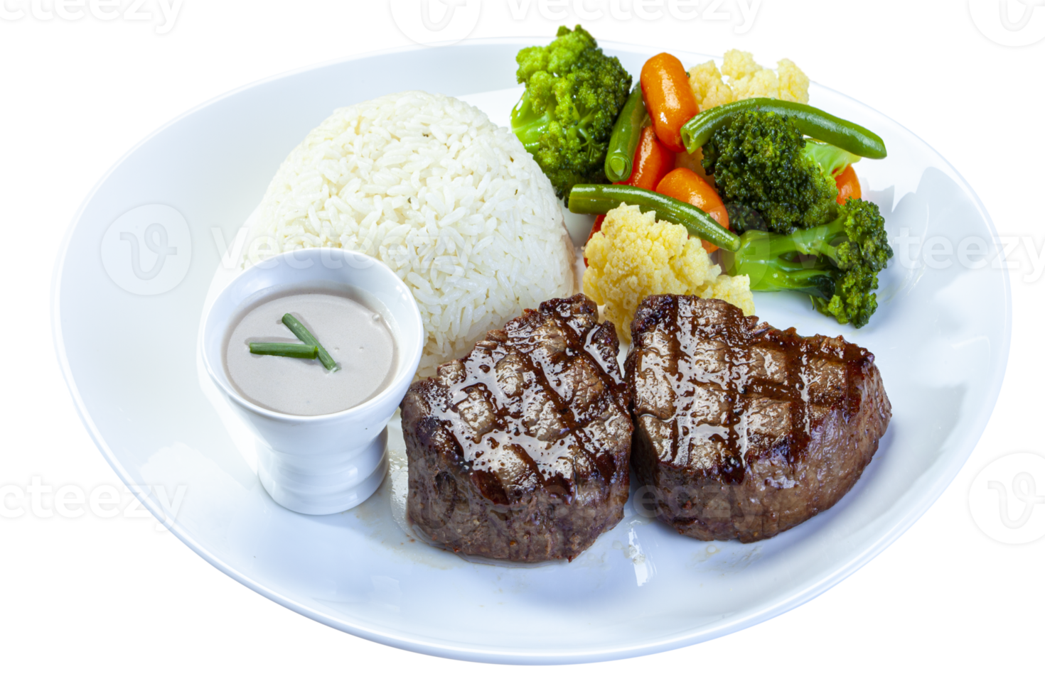 Roasted steak meat, rice and vegetables png