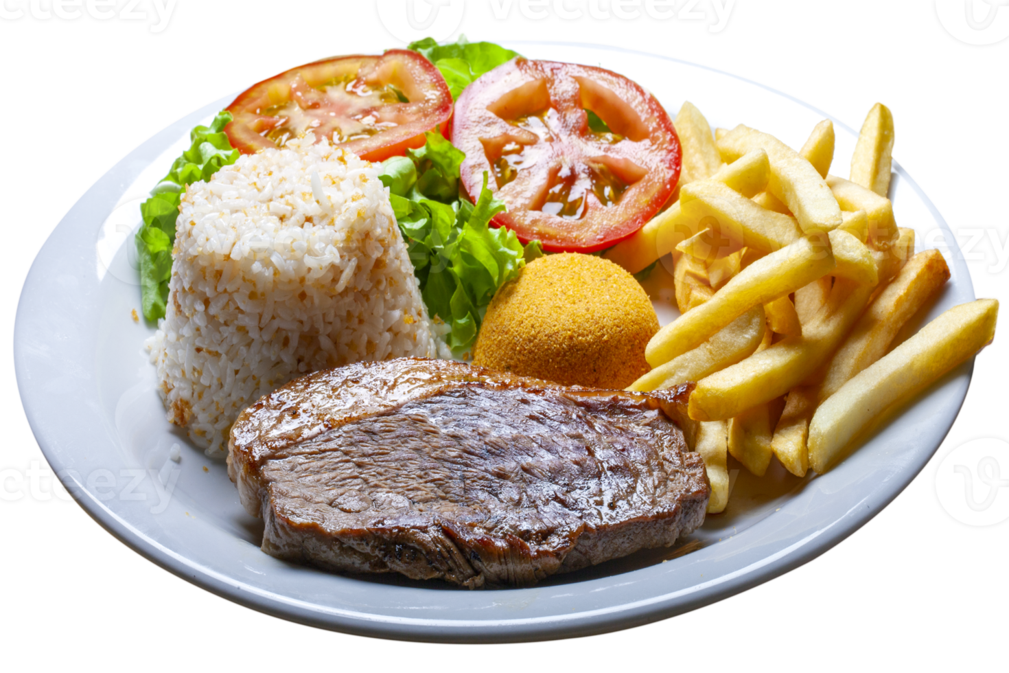 Roasted picanha steak, rice, salad, farofa, fries png