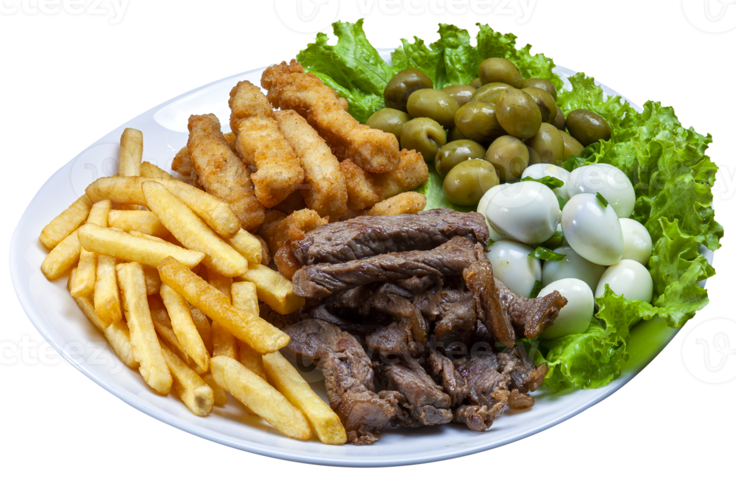 Snacks with fries, meat Picanha, quail egg, olives and breaded fish png