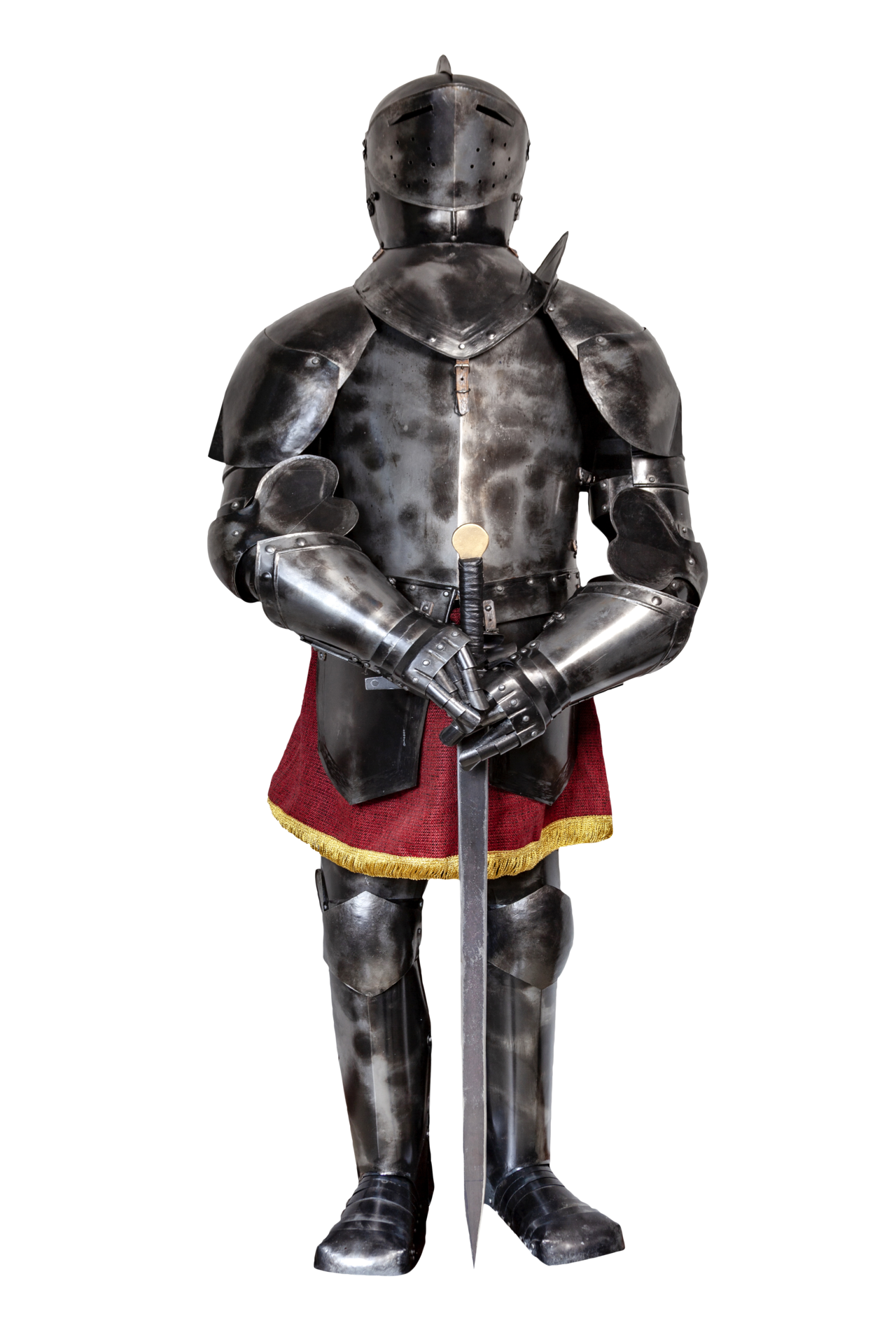 A vintage european full body armor suit isolated against white