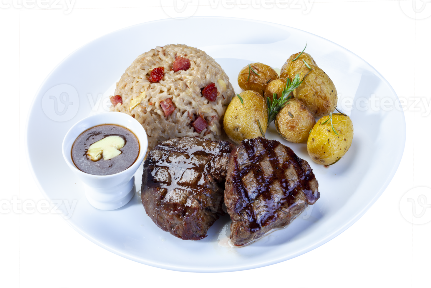 Roasted steak meat, potatoes and rice png