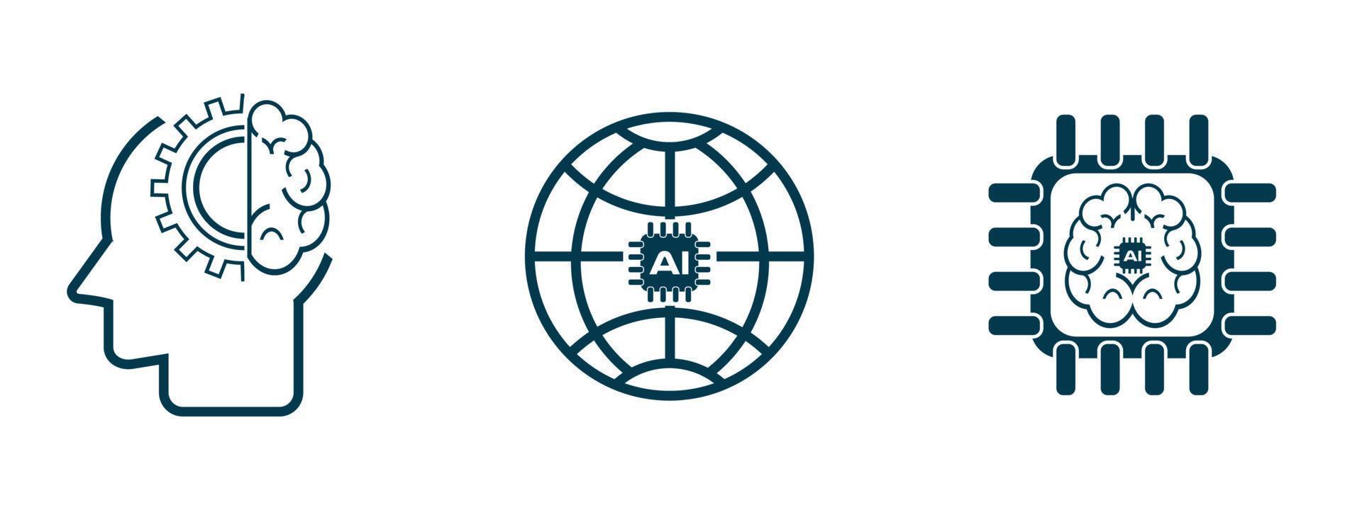 an artificial intelligence icon set of three lines style, machine learning, smart robotic and cloud computing network digital AI technology concepts vector