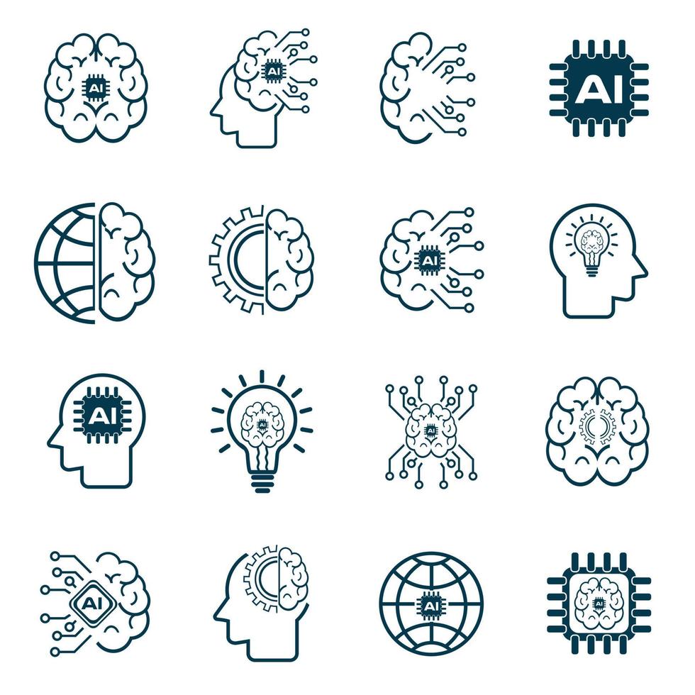 Set of Artificial intelligence icons, AI icons group set vector design, used in Ai Concepts, artificial intelligence icon set in line style, machine learning, smart robotic