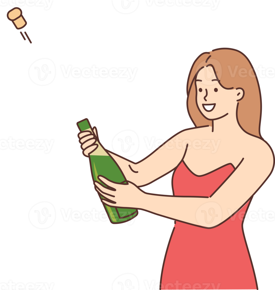 Young girl opening a bottle of champagne png
