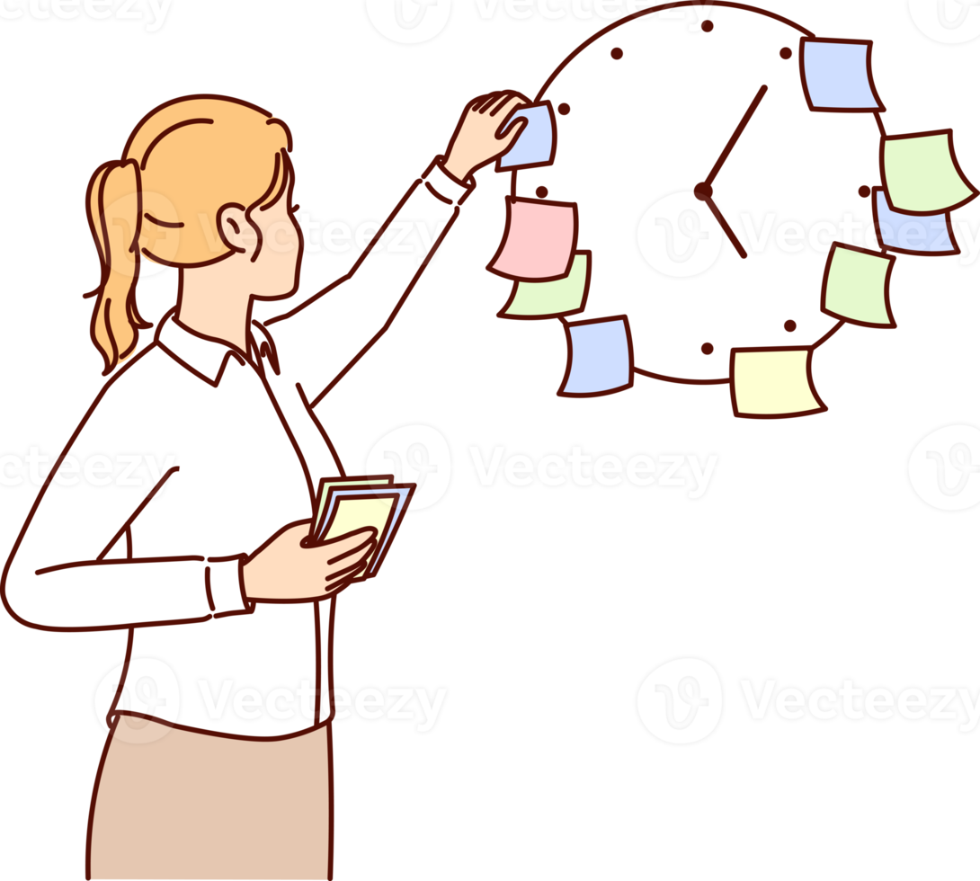 företag kvinna använder sig av klistermärken på klocka till träffa tidsfrister uppsättning förbi chef och lansera projekt på tid png