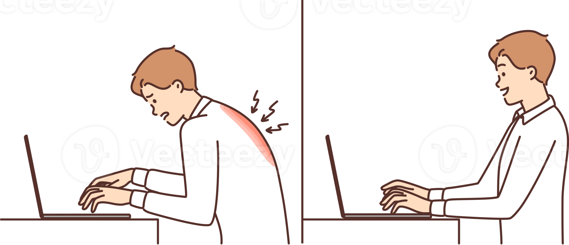 homem com computador portátil sente dor dentro costas e para incorreta postura às local de trabalho png