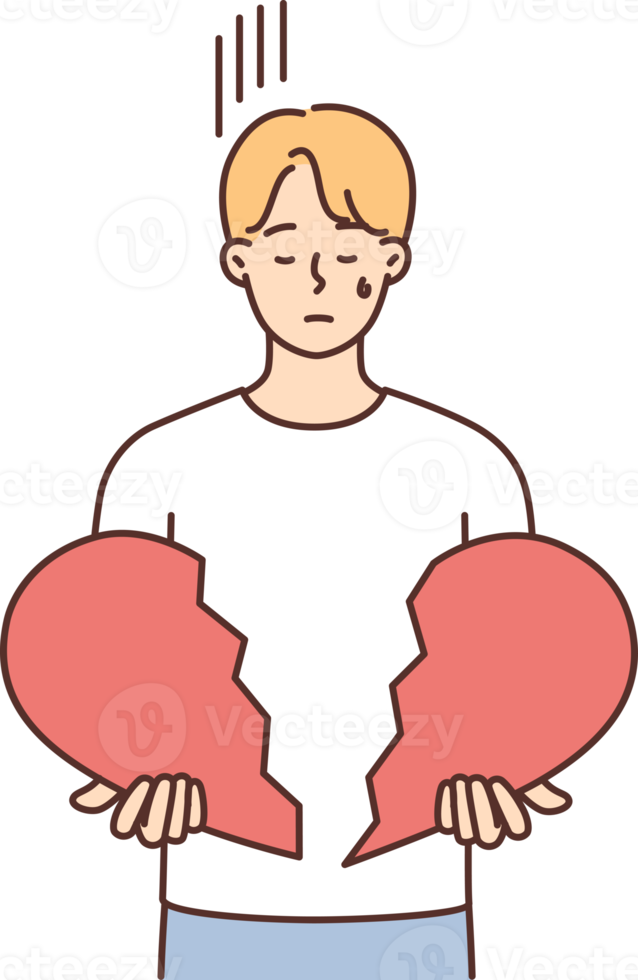 Unhappy man hold broken heart in hands png