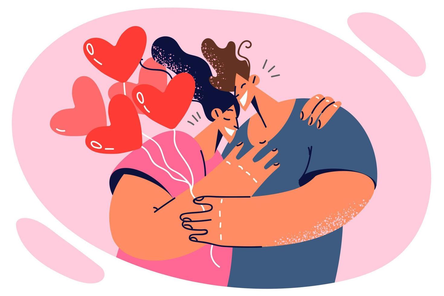 Hugging couple of man and woman in love with balloons in form of hearts celebrating Valentine Day. Romantic happy couple during date or celebrating wedding anniversaries and starting family life vector