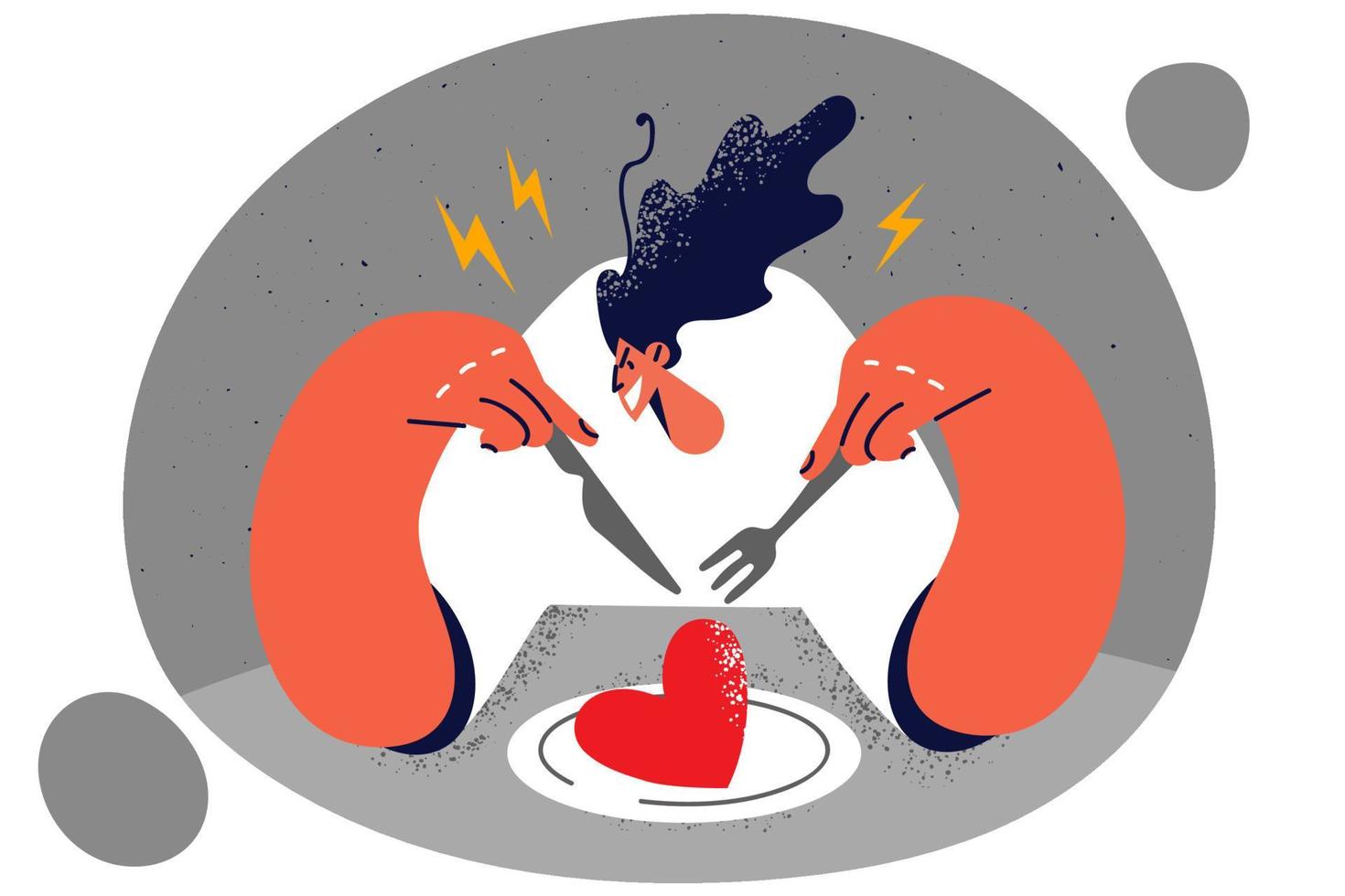 Aggressive woman sits with fork and knife in hands near plate with heart as symbol of dominance and hatred in relationship. Girl angry at boyfriend after divorce wants to take revenge on boyfriend vector