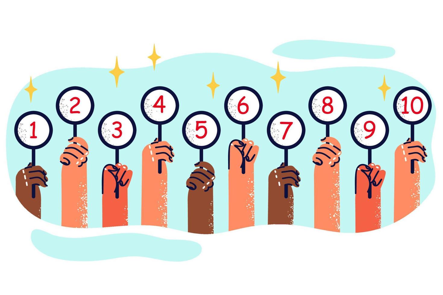 Peoples hands with set of plates with numbers from one to ten are designed to evaluate results of competition. Hands of judges or arbitrators of quiz casting their votes two fair numerical score vector