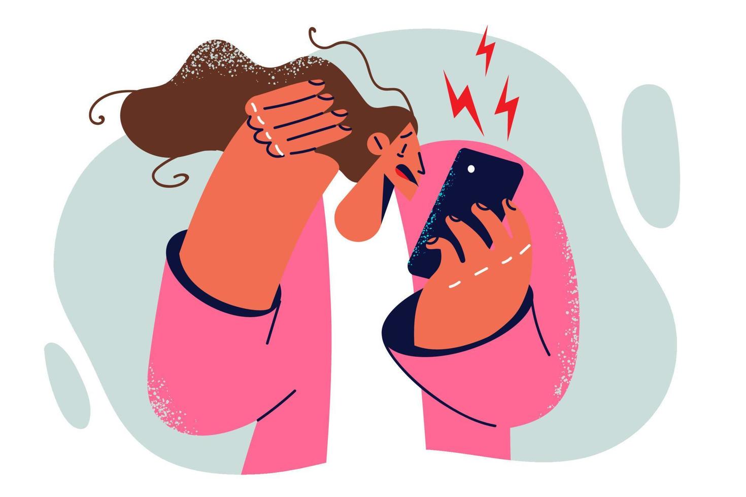 Woman stressed looking at mobile phone screen after seeing aggressive social media post. Girl suffering from stress and for cyberbullying in phone applications or negative information in news vector