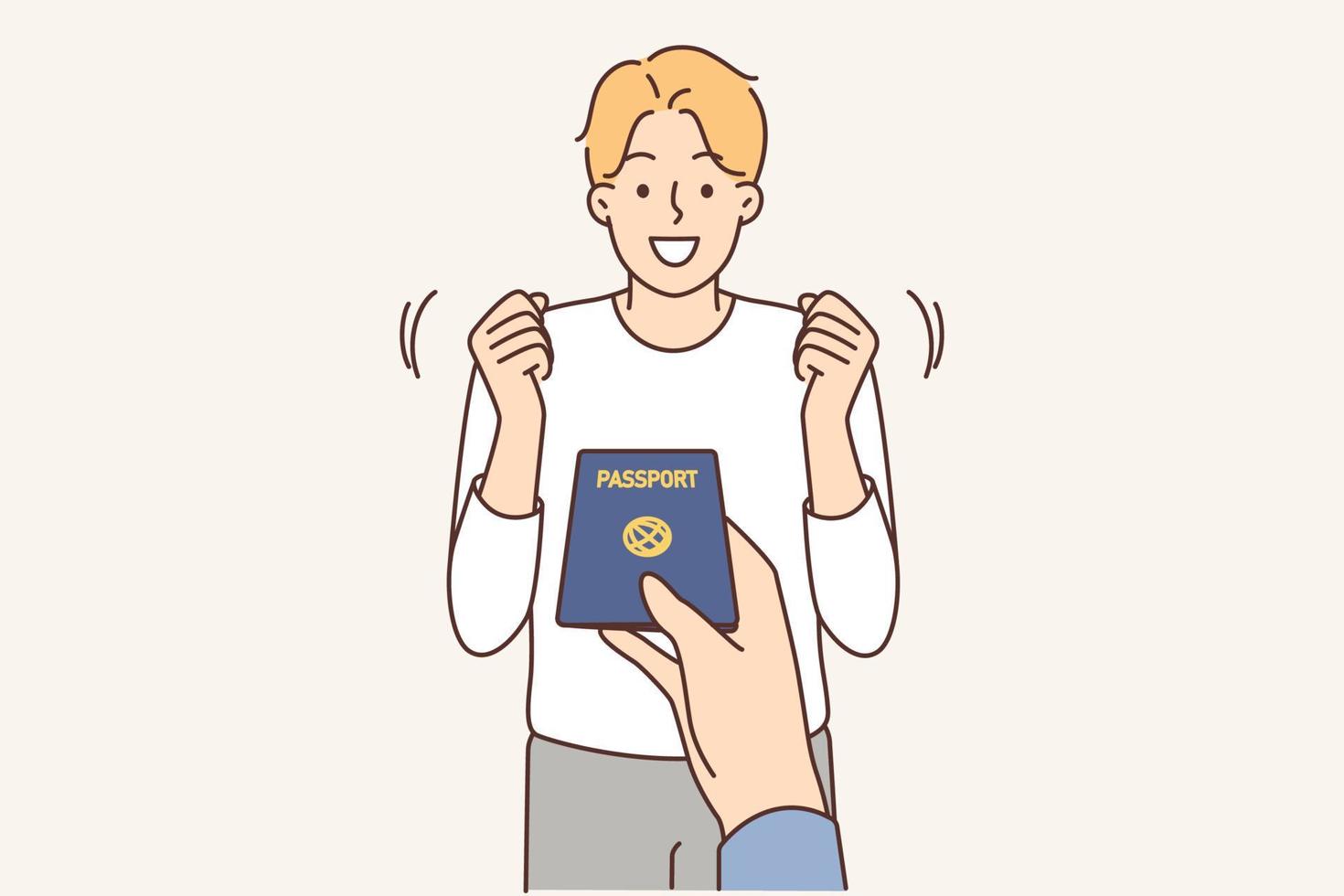 mano extensión pasaporte a emocionado hombre. oficial dar identidad documento a contento masculino ciudadano. ciudadanía y visa concepto. vector ilustración.