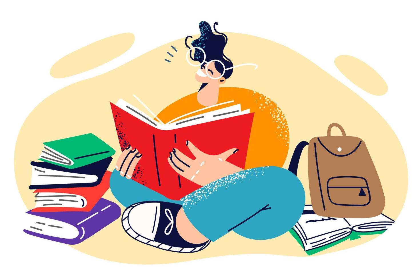 Young happy girl student sits on floor reading books and preparing for difficult exam. Woman teenager who decided to go to college or university is self-educated for concept of back to school vector