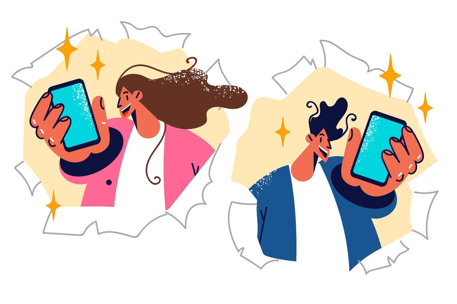 Man and woman show mobile phones to show off cool youth app for chatting or sharing photos. Guy and girl look out of holes in paper to demonstrate smartphone and advise to visit website vector